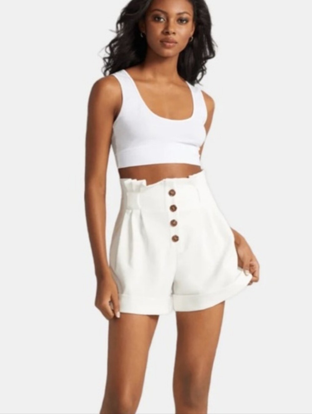 Gabrielle Union High-Waist Silky Ivory Button-Front Women’s Shorts